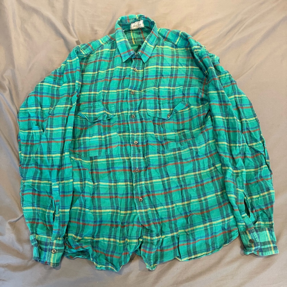 PAUL STUART Made in‎ Italy Size Large 100% Linen Mens Plaid